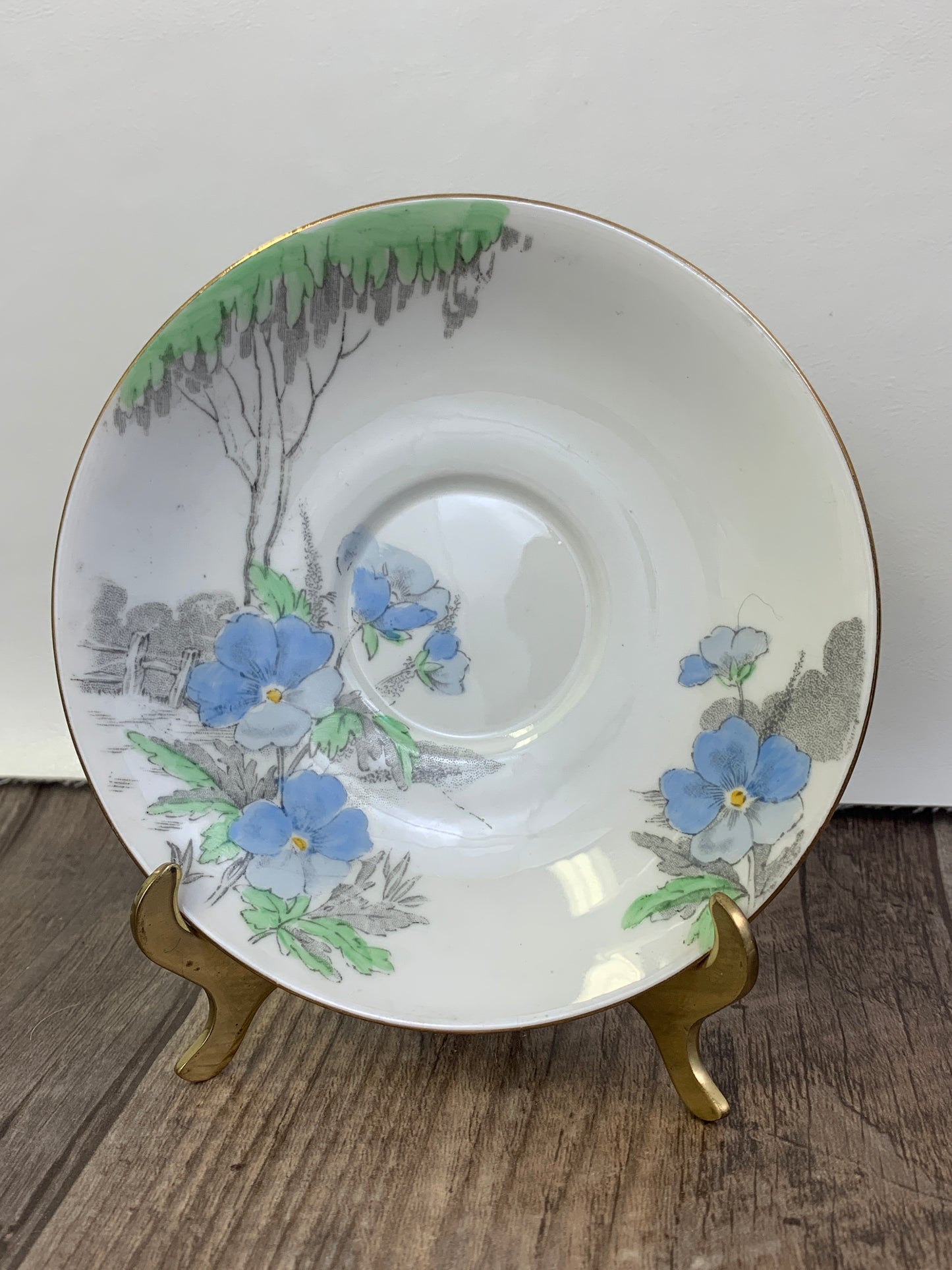 Vintage Teacup with Hand Painted Blue Green and Grey Garden Scene Royal York Fine Bone China