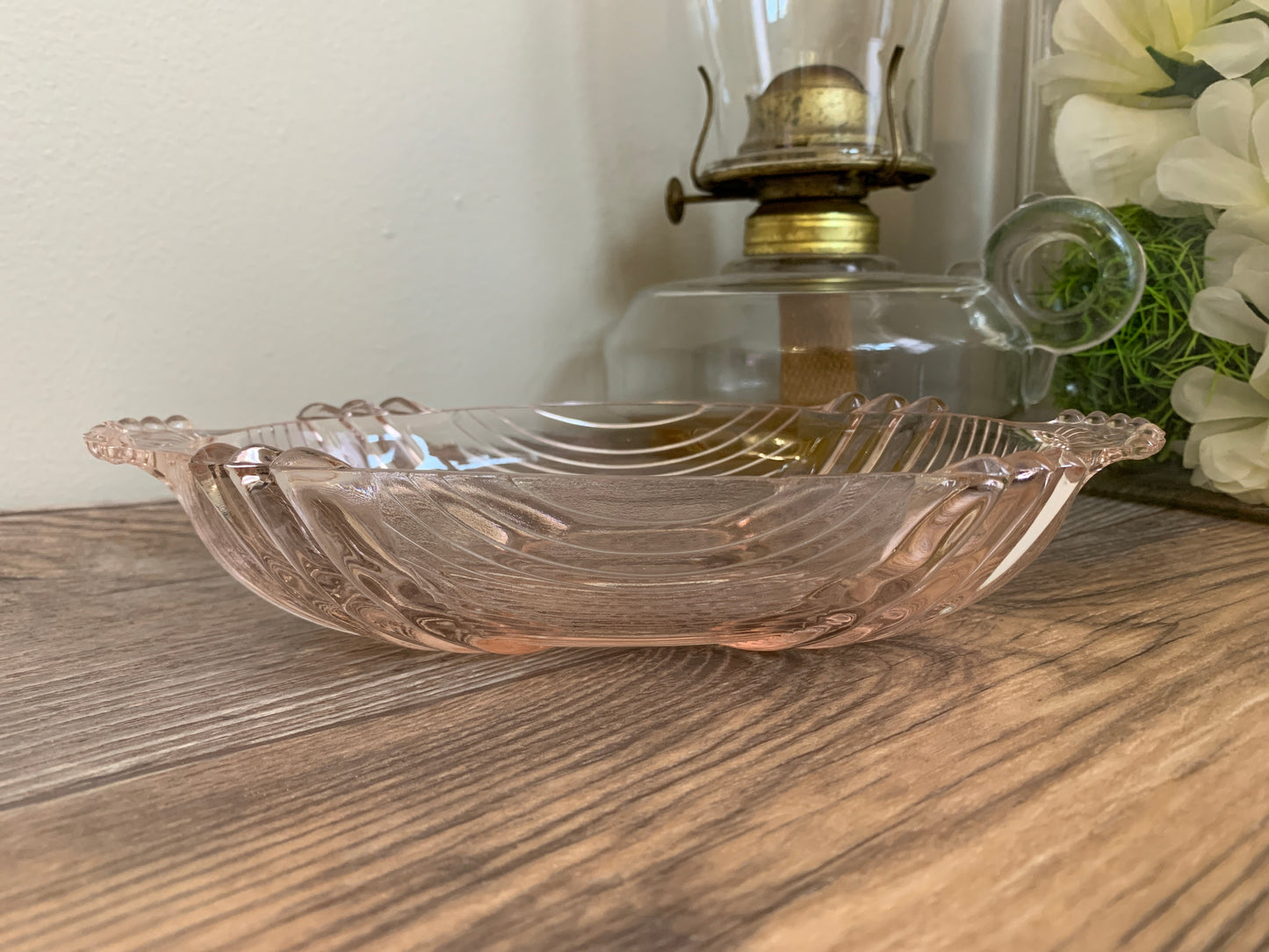 Pink Depression Glass Oval Dish with Beaded Handles Vintage Glass Jewelry Dish Catch All