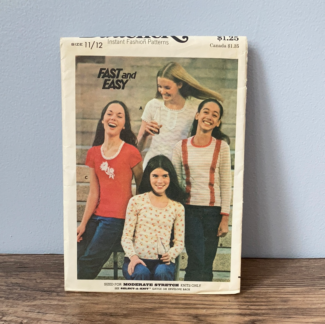 Girls Top with Short or Long Sleeves Vintage Sewing Pattern Size 11 to 12 Butterick 4121