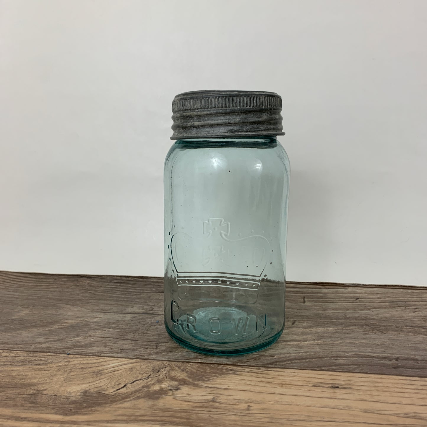 Aqua Crown Quart Size Jar 7" tall with Zinc Ring, Dry Storage, Stash Jar, Antique Farmhouse