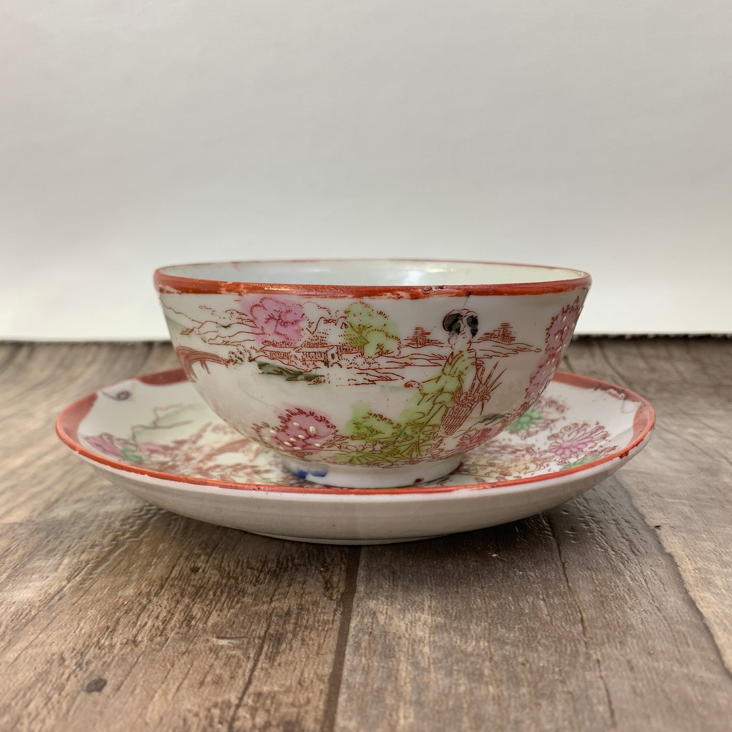 Moriage Teacup and Saucer Japanese Landscape Scene