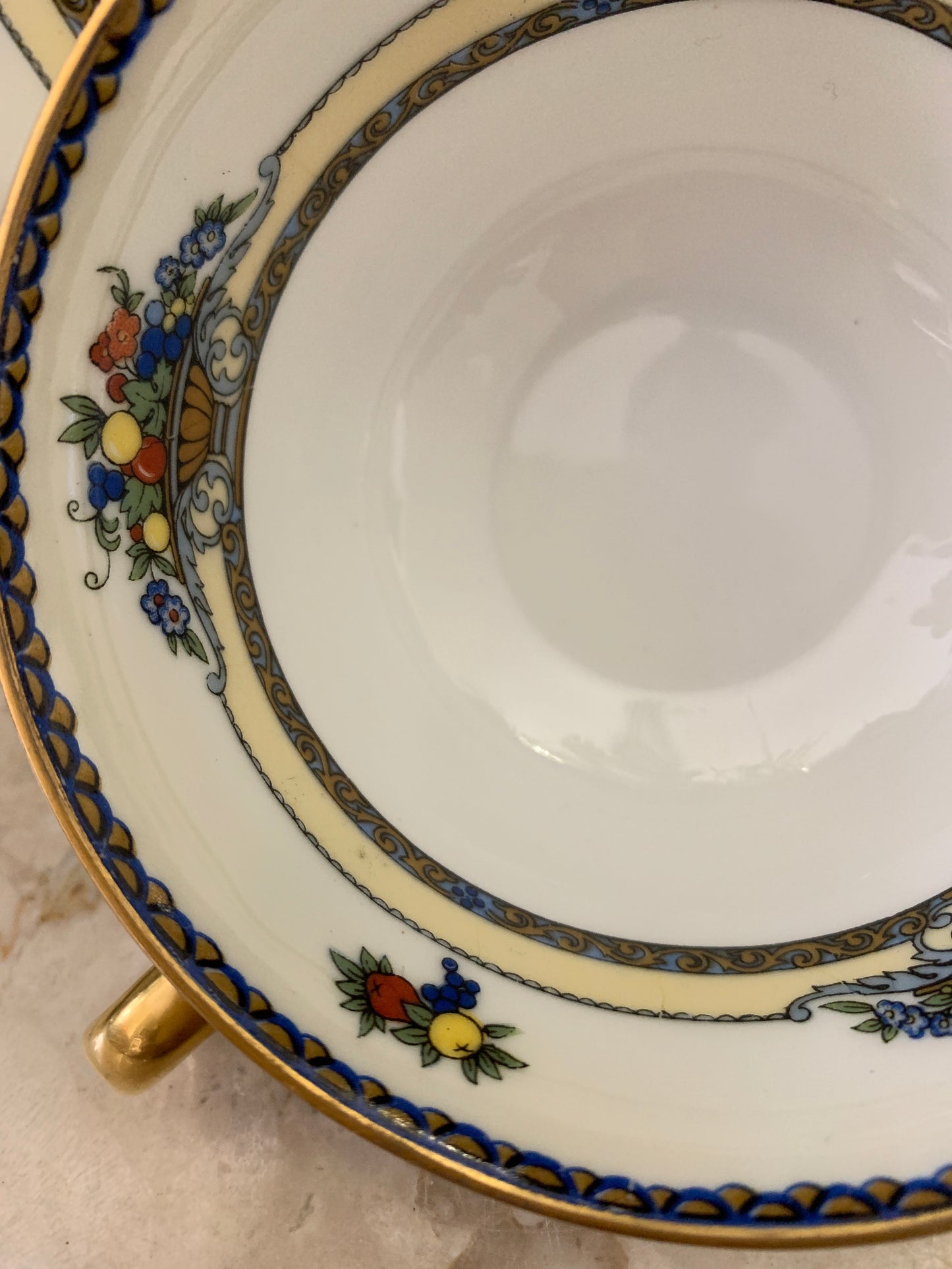 A set of 7 Vintage China Tea Cups Royal Bayruth White with Yellow, Blue, and Gold
