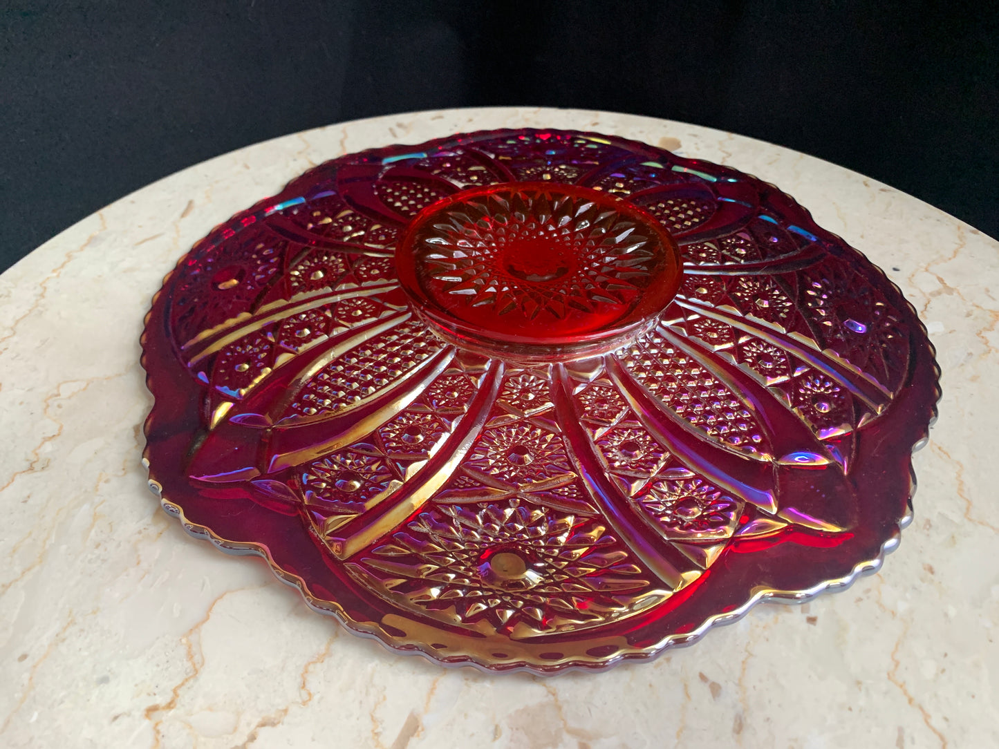 Indiana Glass Heirloom Sunset Red Platter, Indiana Glass Company Iridescent Glass Platter, Red Carnival Glass Sandwich Tray