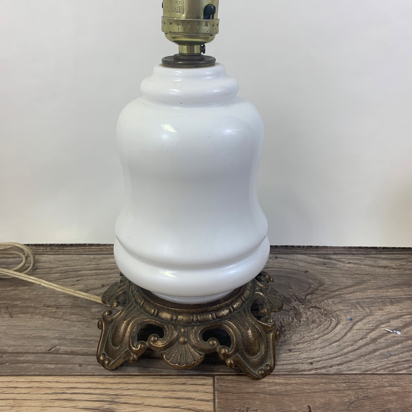 Pair of Milk Glass Table Lamps with Cast Metal Base
