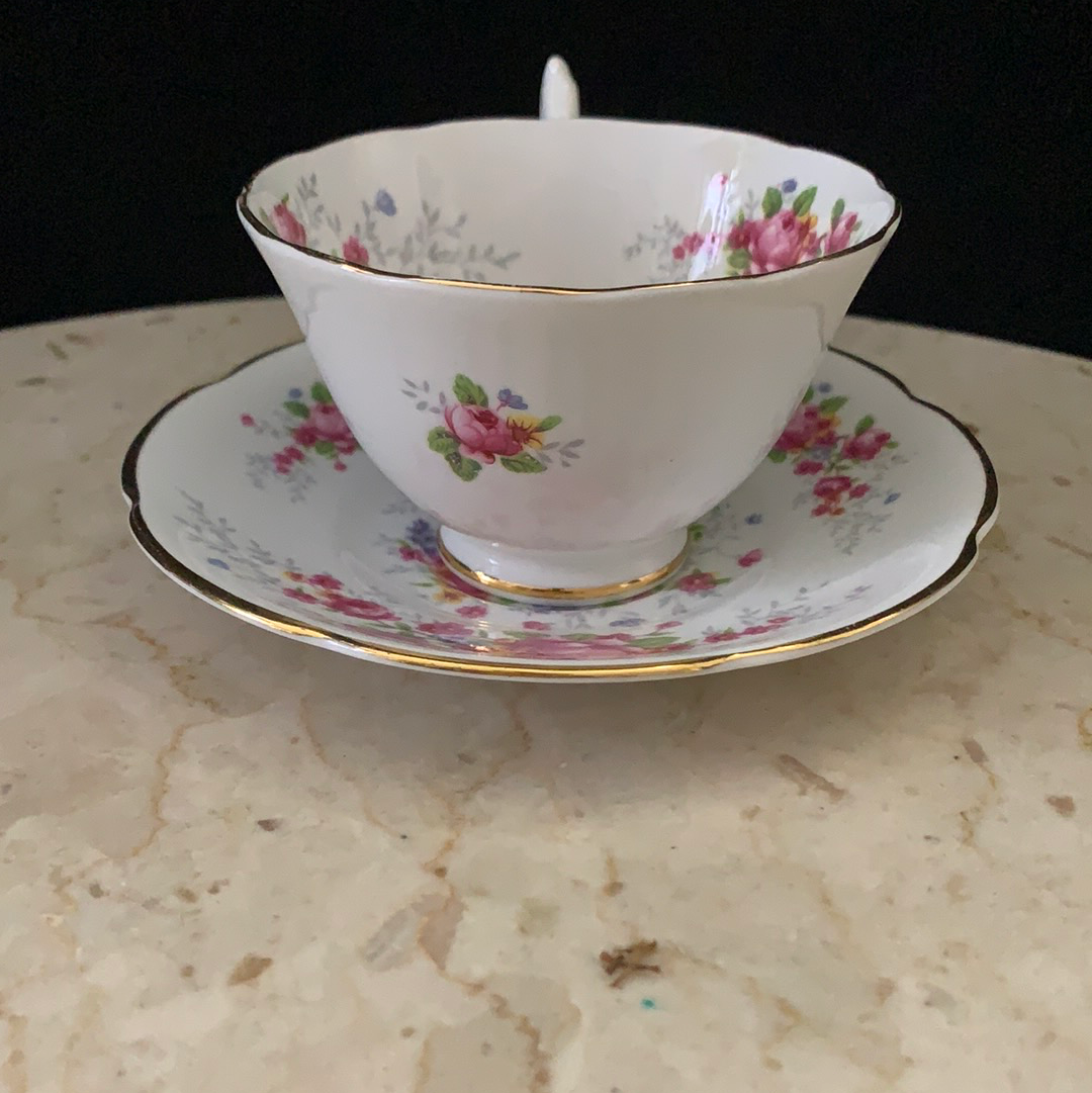 Wide Mouth Teacup and Saucer Set with Pink Floral Pattern