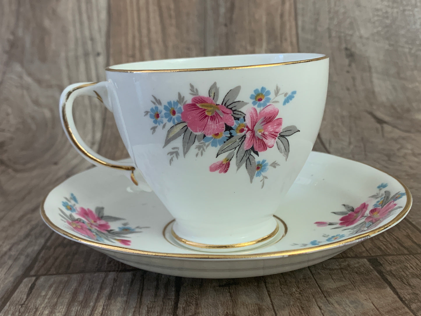 Pink and Blue Floral Vintage Teacup and Saucer Set