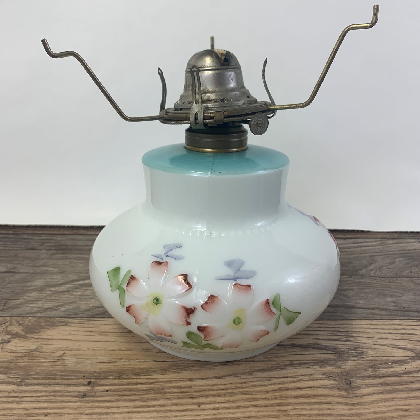 Consolidated Lamp and Glass Co EAPG Milk Glass Oil Lamp Base with Hand Painted Floral Design