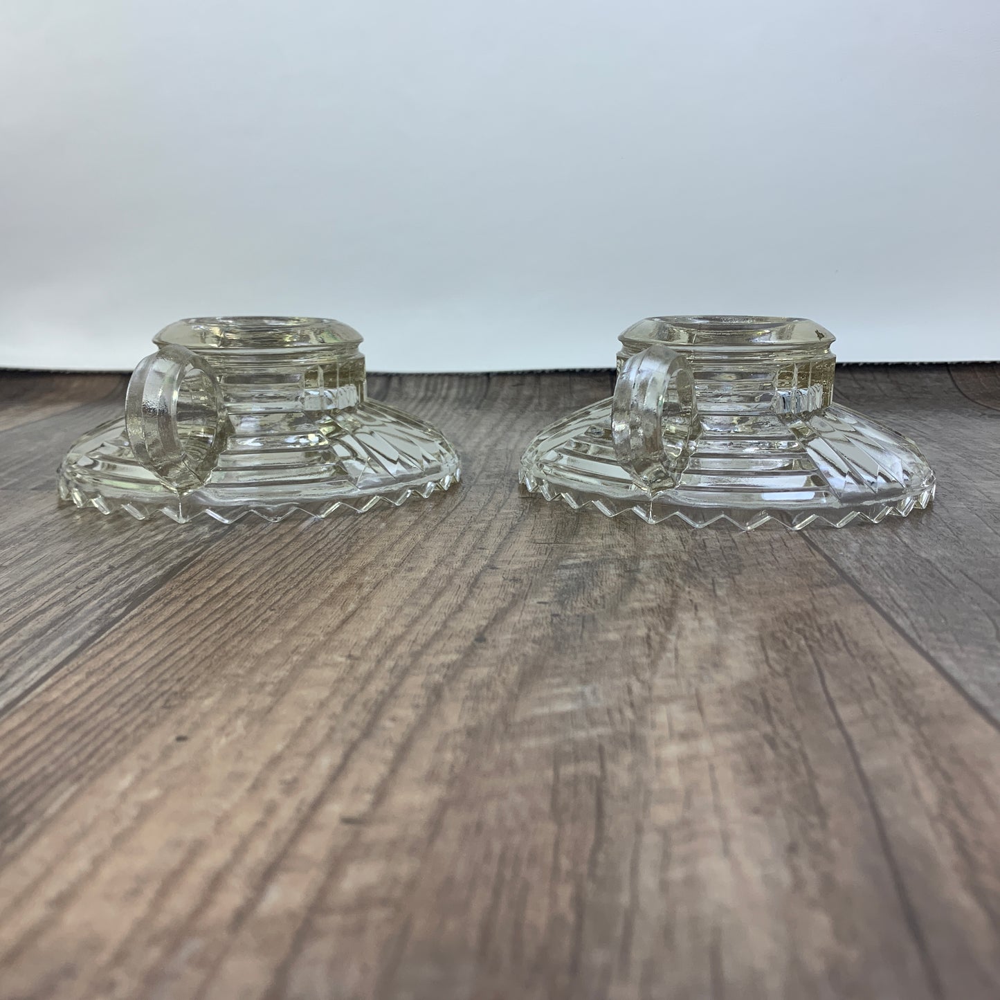 Clear Pressed Glass Candlestick Holder with Sawtooth Edge, Fingerloop Candle Holders