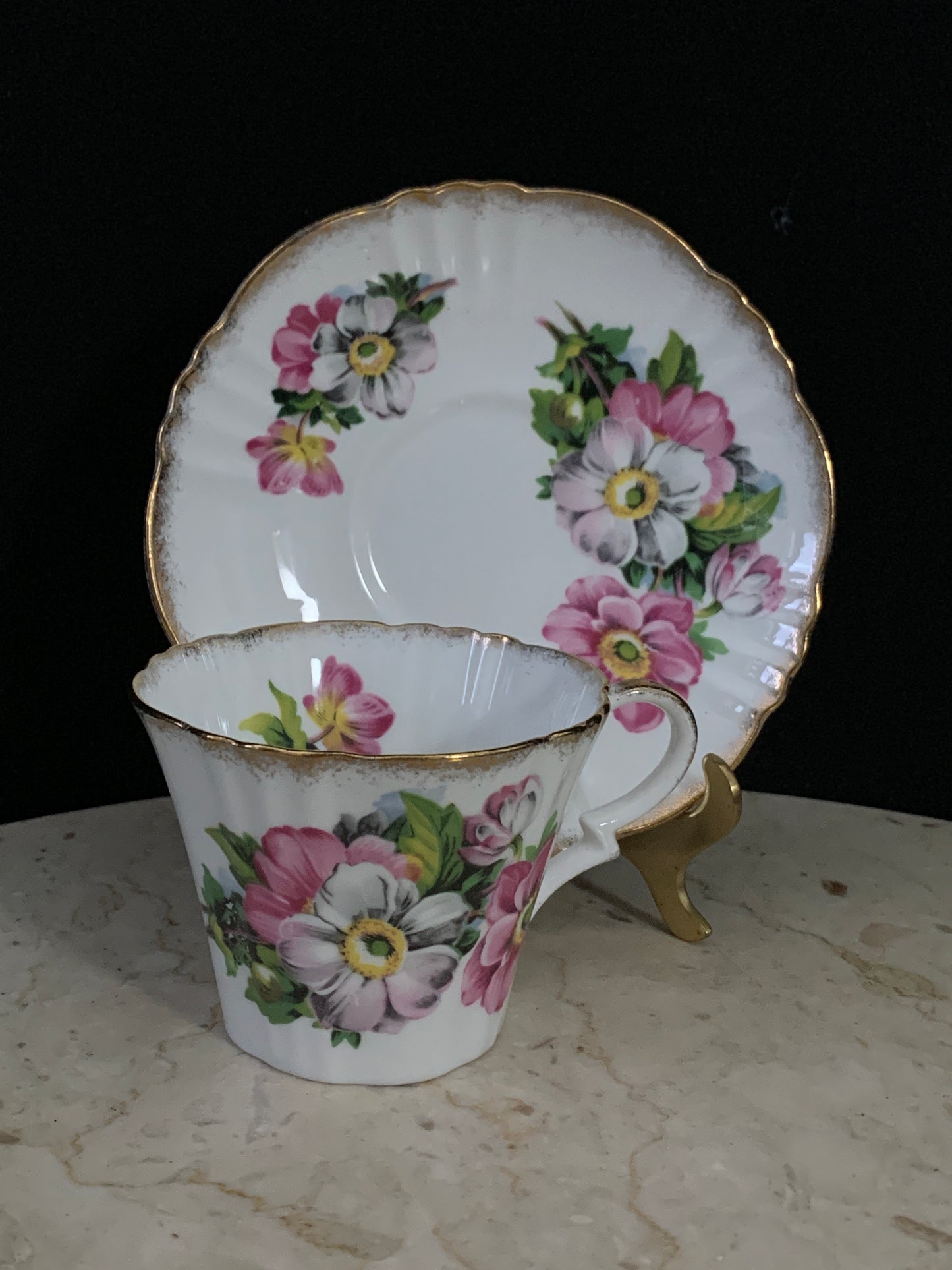 Pink and White Flower Tea Cup and Saucer with Scalloped Edge Royal Standard