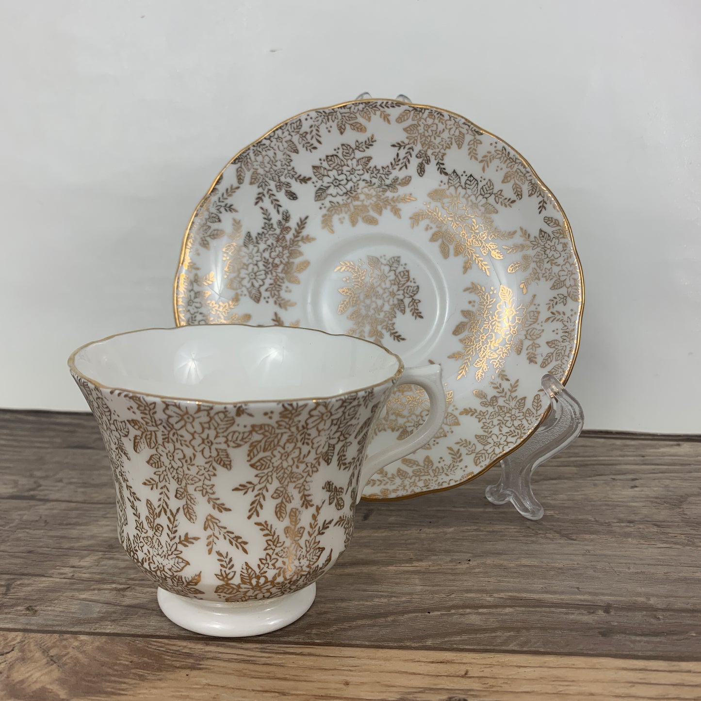 White Teacup with Golden Floral Pattern Vintage Royal Vale Tea Cup
