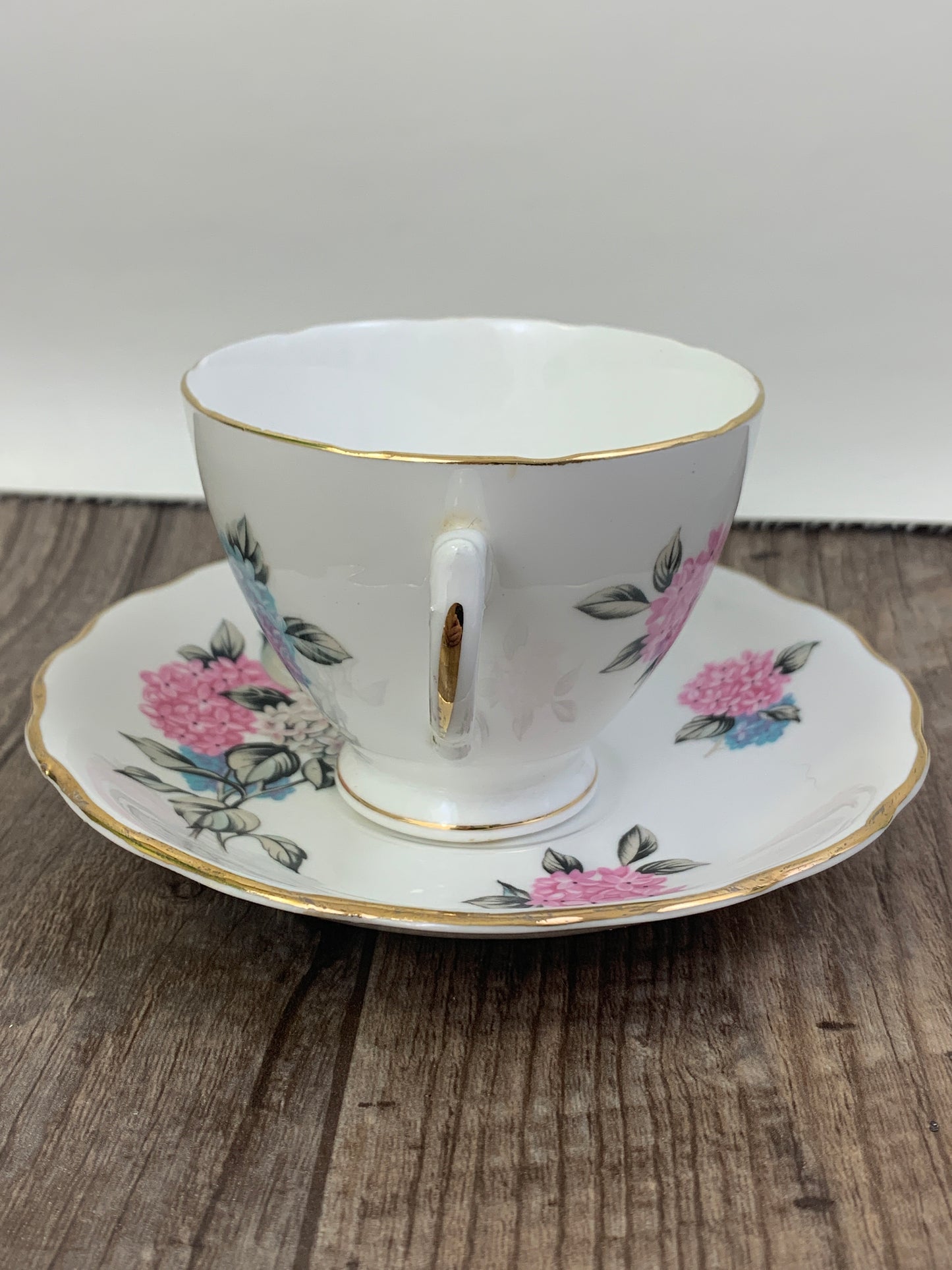 Vintage Teacup with Pink and Blue Hydrangeas