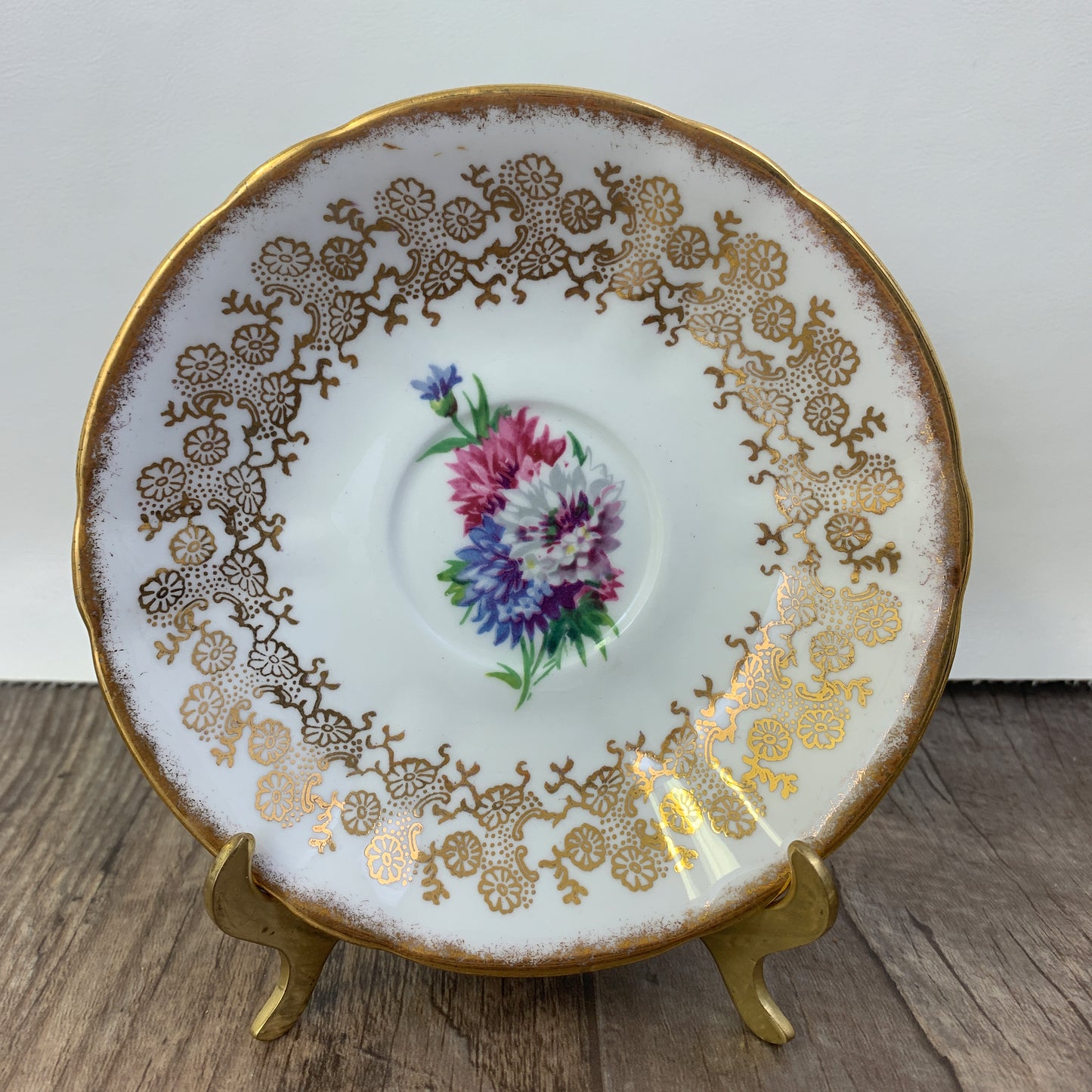 Windsor Bone China Teacup and Saucer with Gold Design, Pink, Blue, and White Floral Pattern