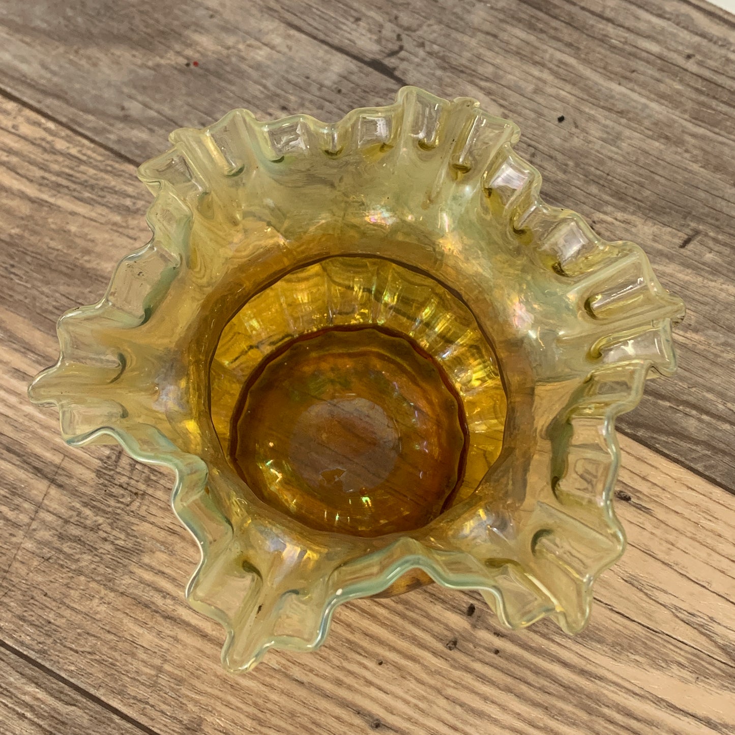 Vintage Carnival Glass Bowl with Crimped Rim, Amber Glass Ruffle Bowl