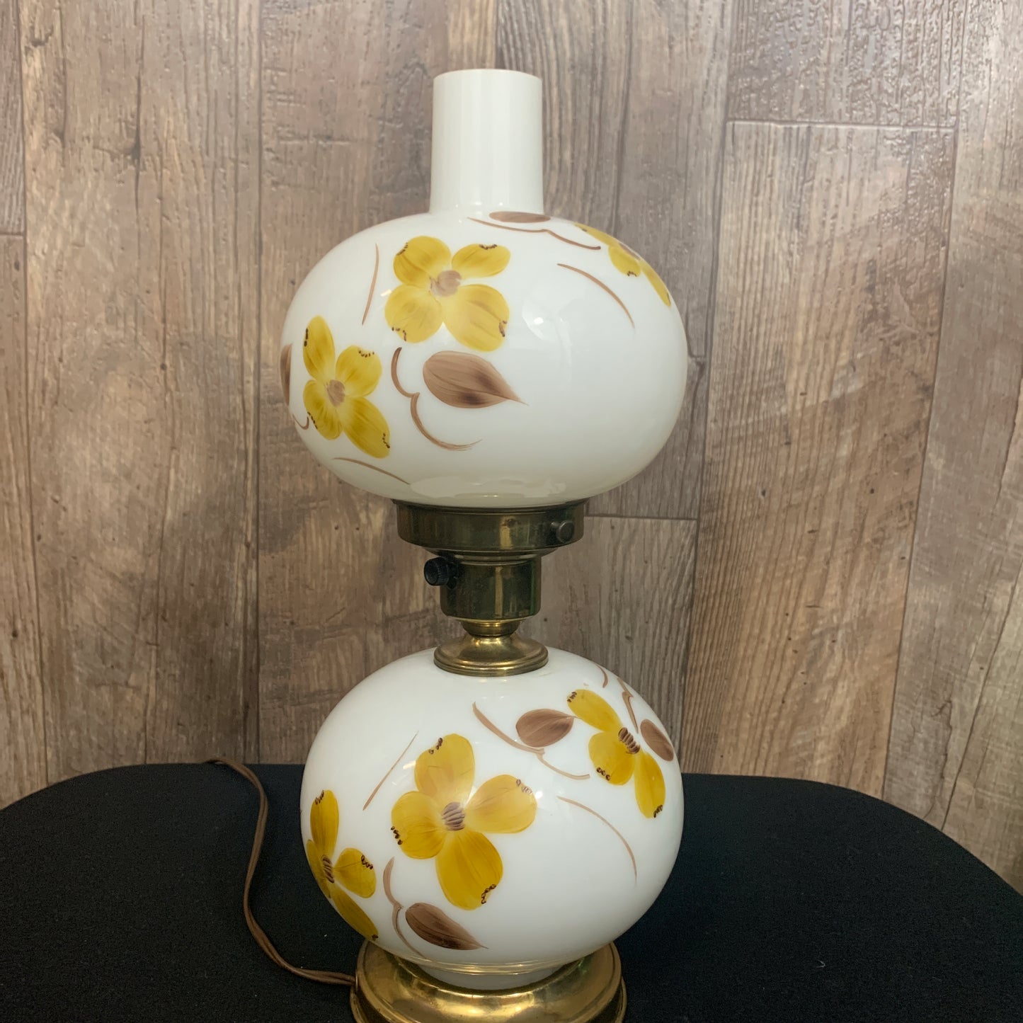 Milk Glass Table Lamp with Hand Painted Floral Design