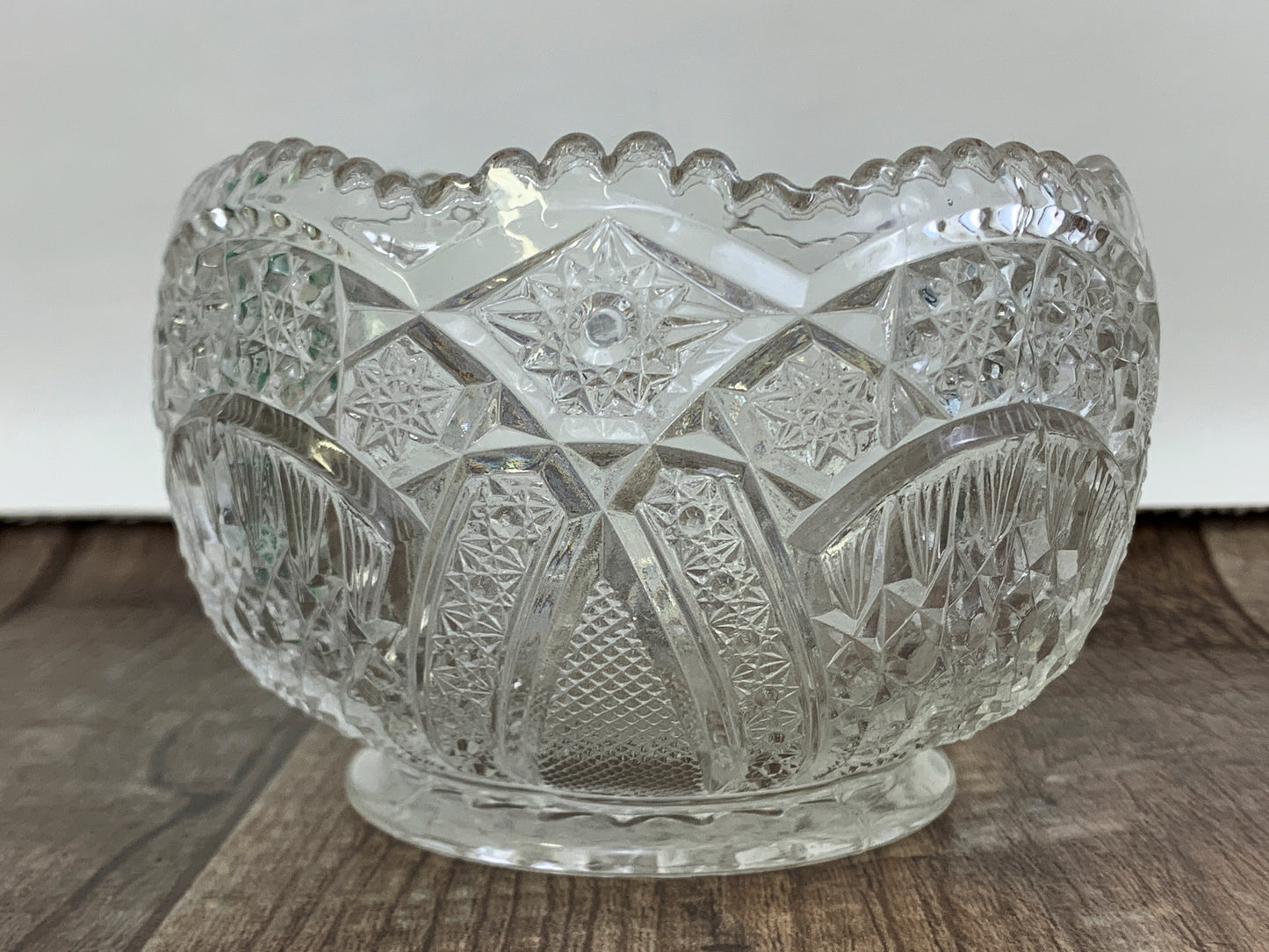 Pressed Glass Rose Bowl Wheat Sheaf Pattern Near Cut Nut Bowl