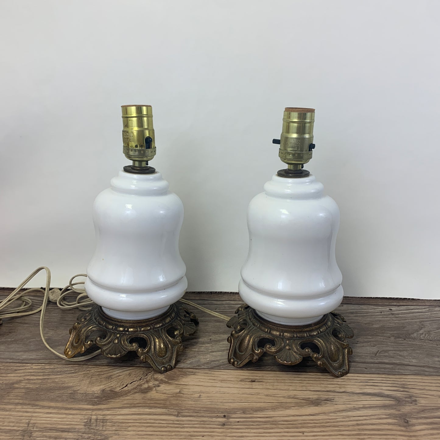 Pair of Milk Glass Table Lamps with Cast Metal Base
