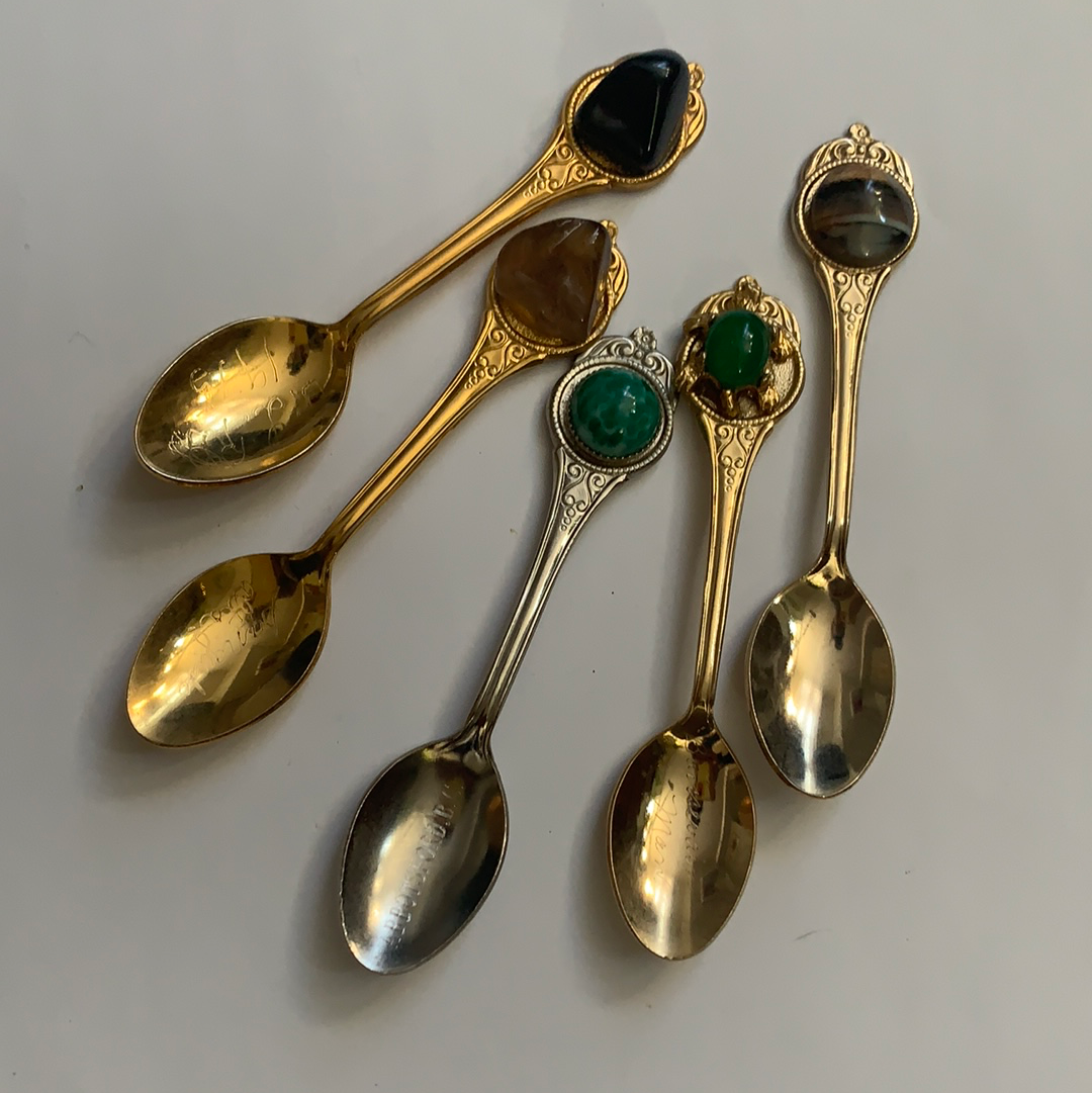 Set of 5 Spoons Mini Spoons w Gemstone Vintage Collector Spoons