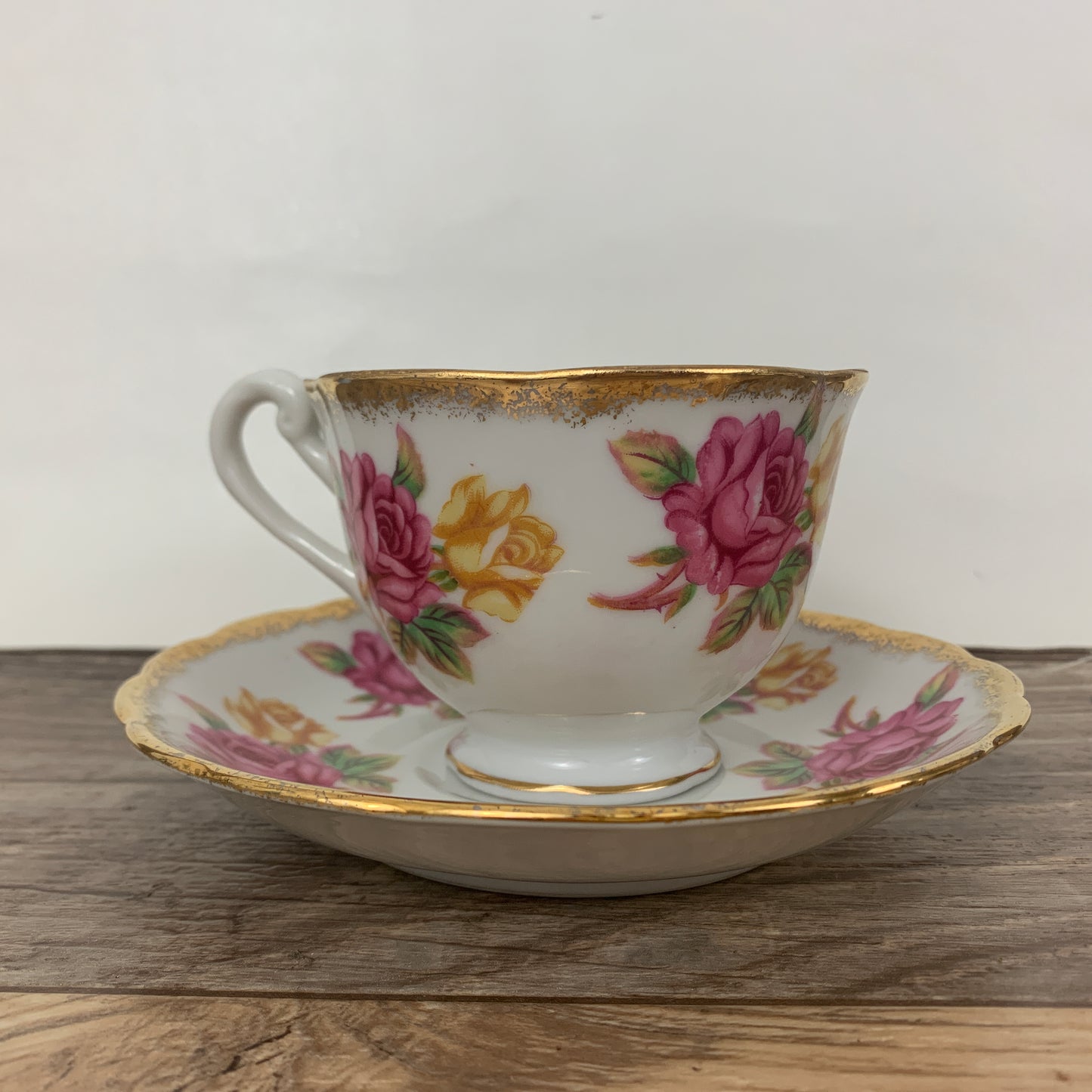 Vintage Teacup and Saucer w/ Pink and Yellow Roses and Gold Trim Made in Japan