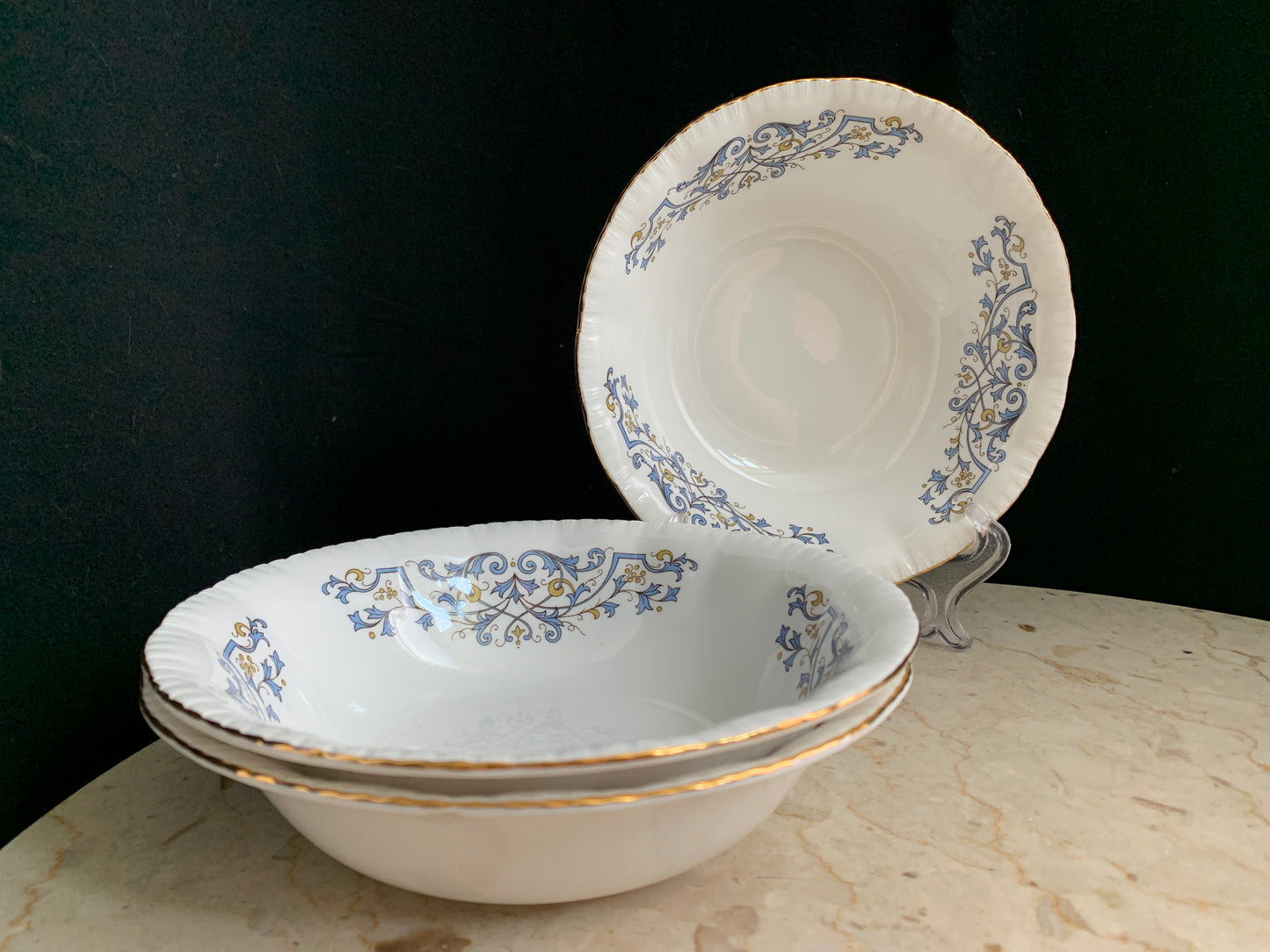 Cereal Bowl Blue and Yellow Scroll Design Set of 3 Bowls Royal Standard 6.75”