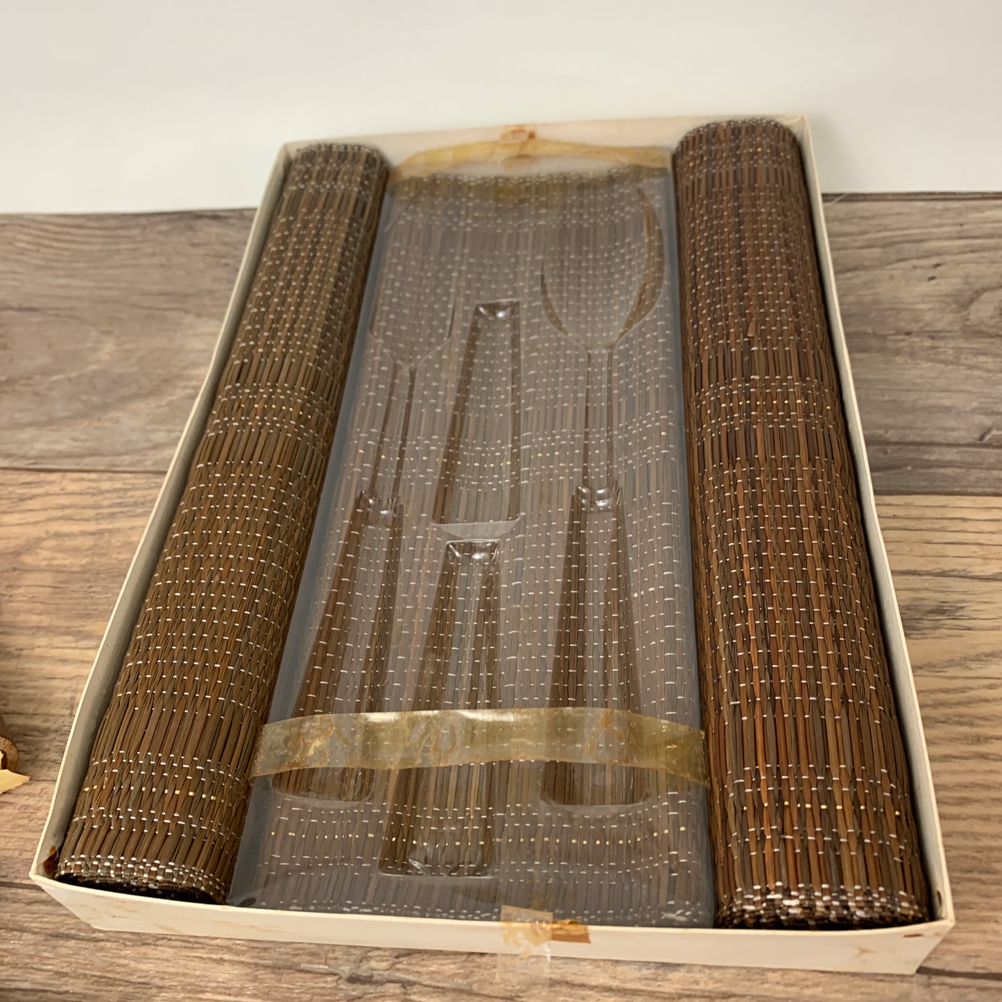 Vintage Table Set, Salt and Pepper, Grass Placemats, Salad Tongs, Boxed Hostess Set