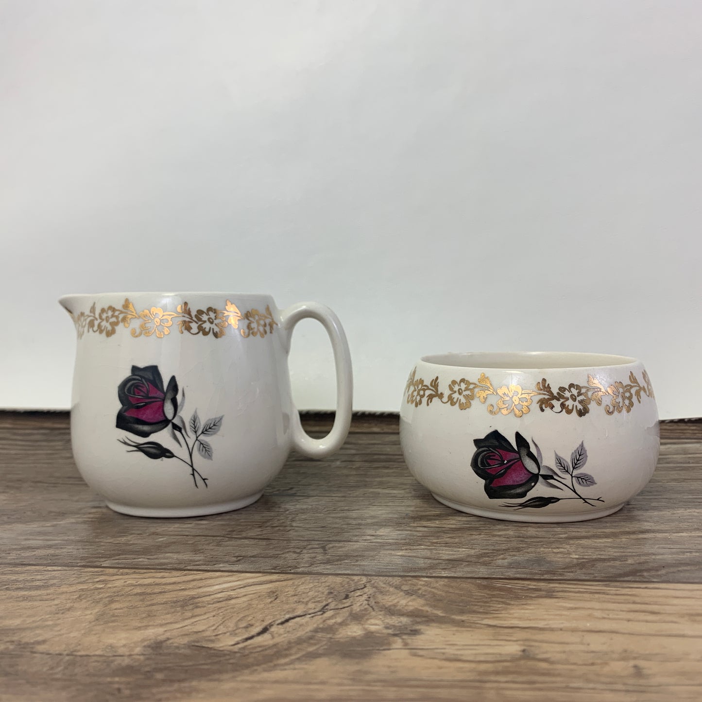 Vintage Cream and Sugar Set Black and Red Roses Lord Nelson Pottery