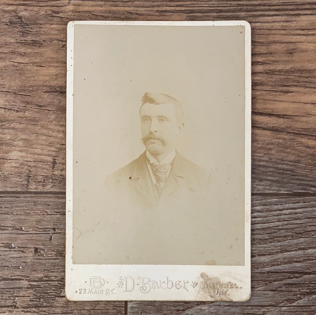 Antique Portrait of a Man Black and White Cabinet Card Found Photo Listowell Ontario Canada