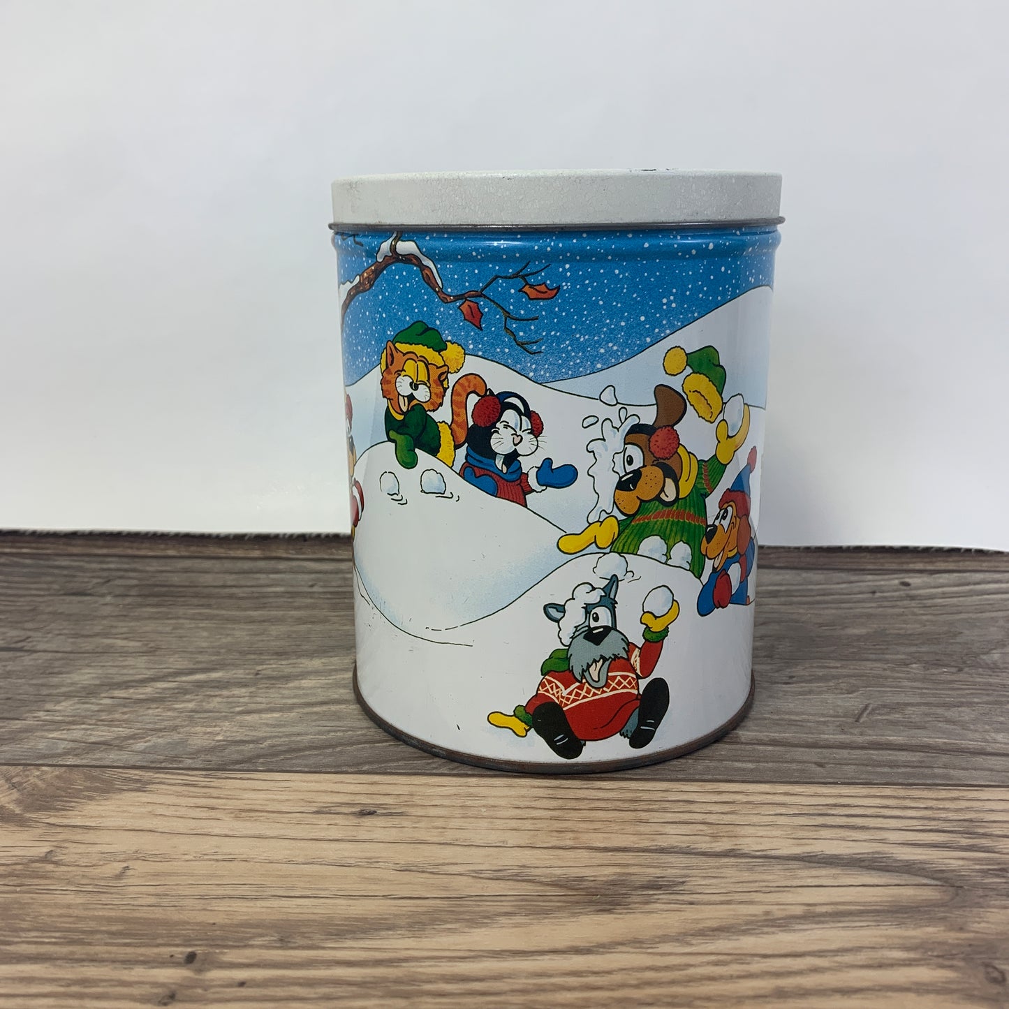 Vintage Christmas Tin with Cartoon Animals Playing in the Snow