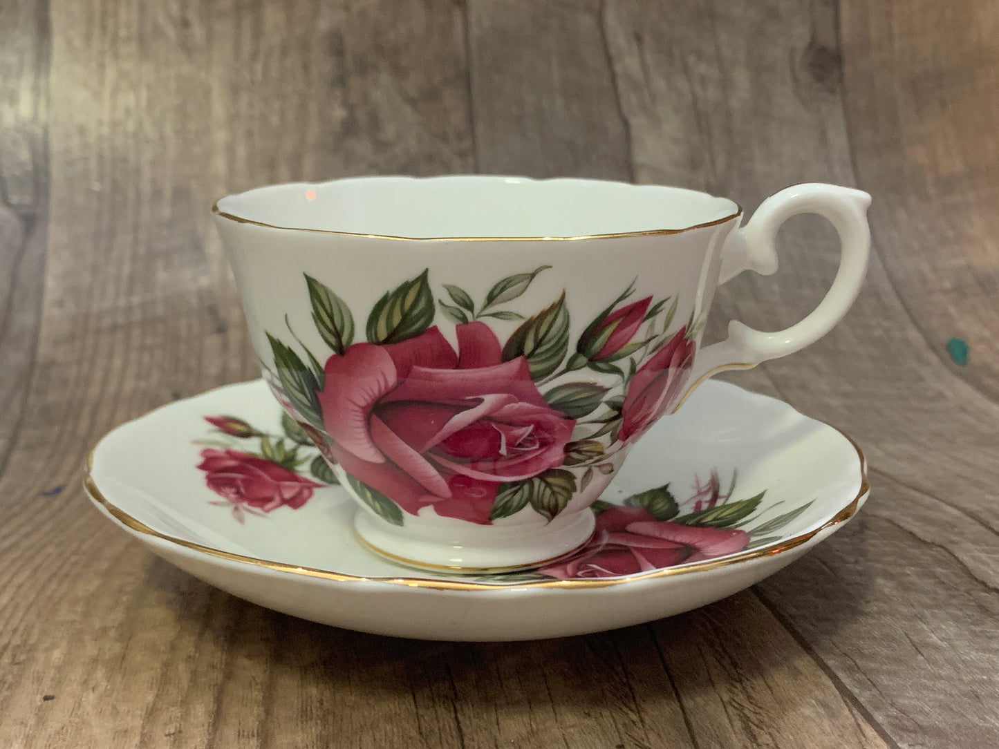 Vintage Tea Cup with Red Roses Staffordshire White Teacup with Red Roses