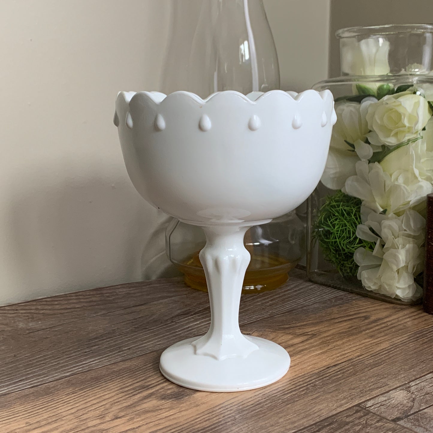 Vintage Milk Glass Pedestal Dish Indiana Glass Teardrop Small Milk Glass Compote