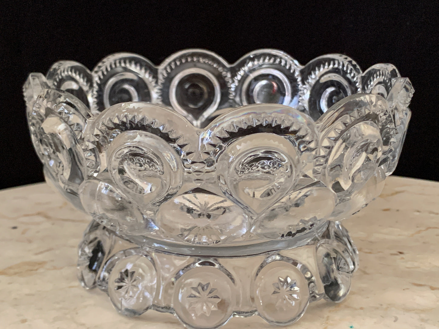 L E Smith Moon and Stars Clear Footed Bowl