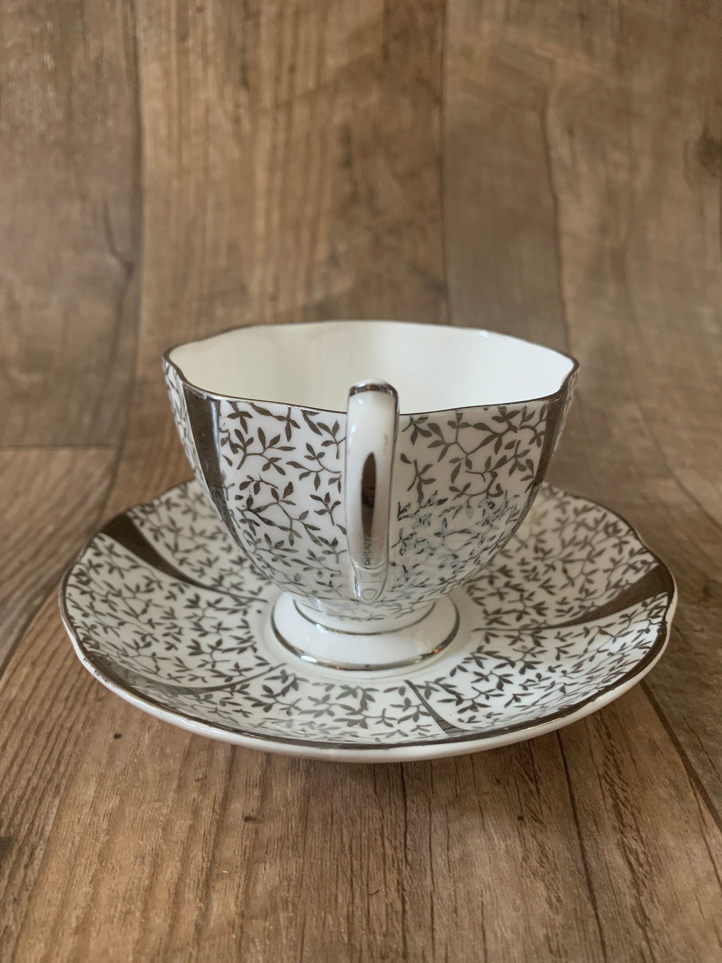 Queen Anne Silver Lace Tea Cup and Saucer Silver Floral Vintage Teacup Mothers Day Gift