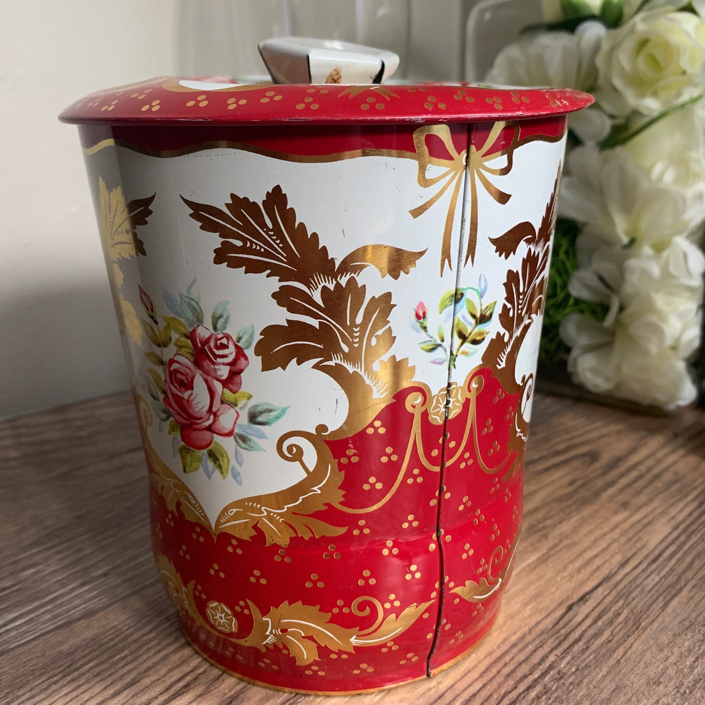 Red and White Tin with Gold Design Vintage Tin with Smooshed Lid