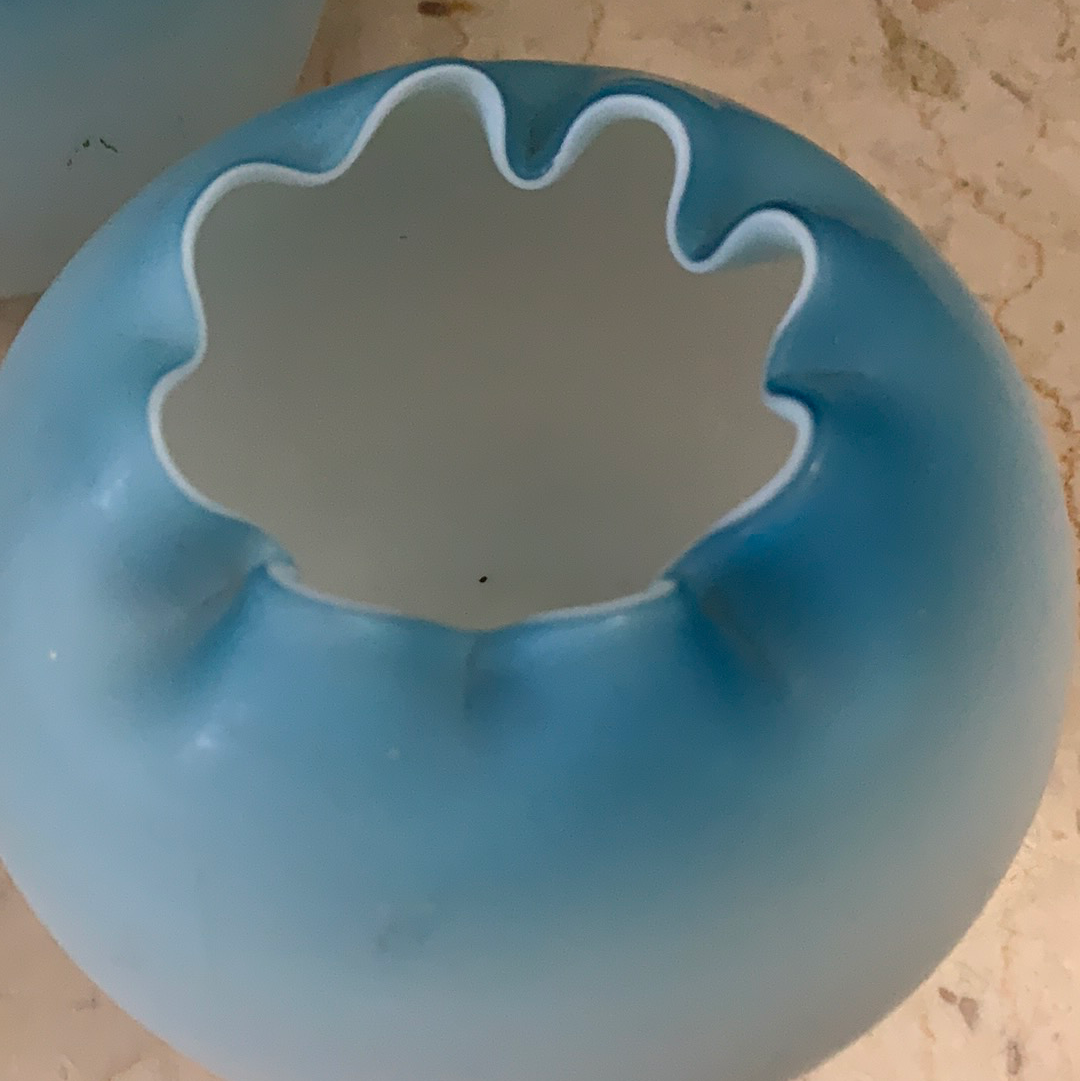 Pair of Antique Blown Glass Rose Bowls Blue Cased Satin Glass