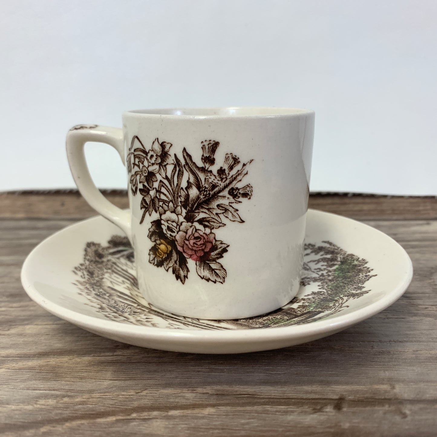 Johnson Brothers Haddon Hall Vintage Demitasse Cup and Saucer, Vintage Farmhouse Ironstone Transferware