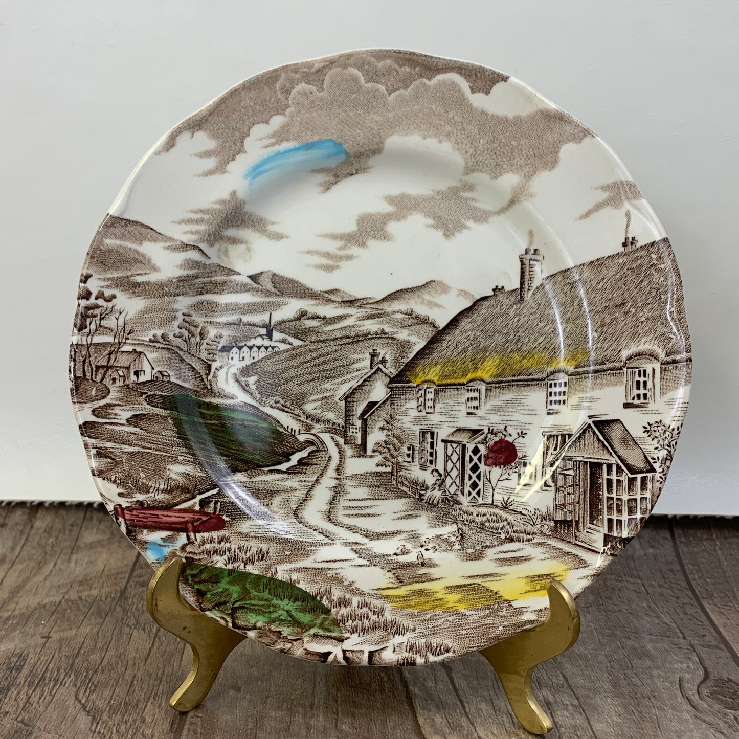 WH Grindley Transferware A Quiet Day Luncheon Plate 8.75” Antique Farmhouse Style Transferware Plate
