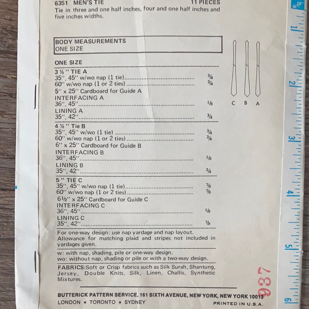 Mens Tie Vintage Sewing Pattern One Size Butterick 6351