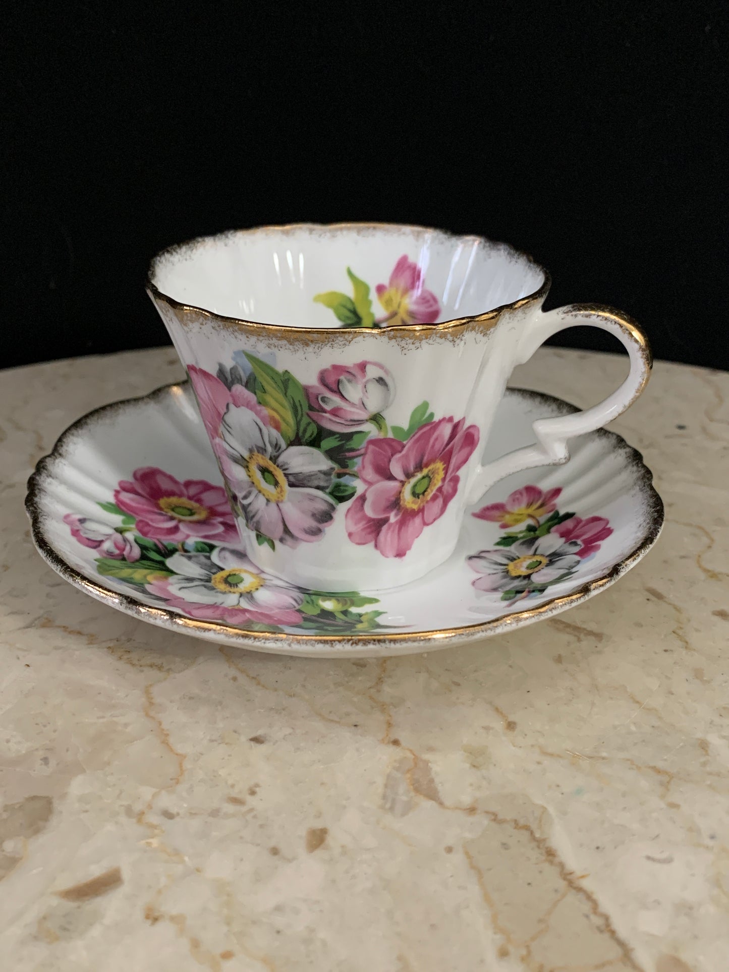 Pink and White Flower Tea Cup and Saucer with Scalloped Edge Royal Standard