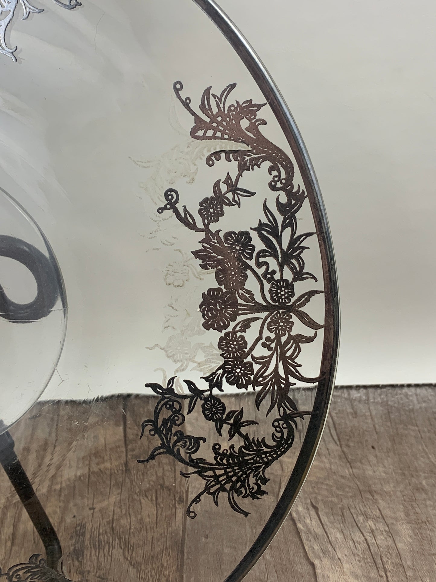 Vintage Clear Glass Cake Plate with Silver Overlay