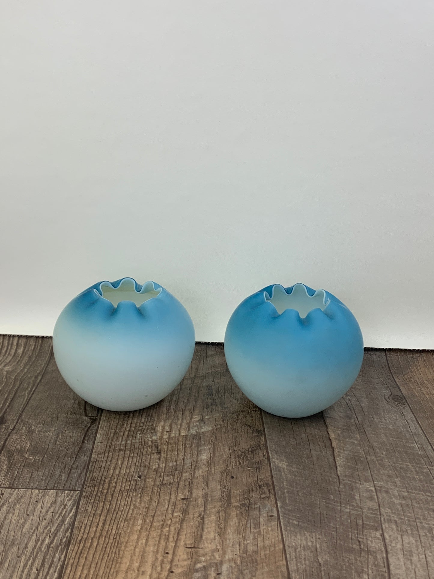 Pair of Antique Blown Glass Rose Bowls Blue Cased Satin Glass