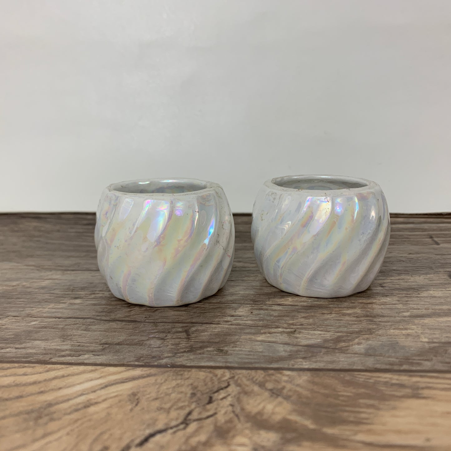 Pair of Iridescent Napkin Rings, White Lusterware Ribbed Napkin Rings