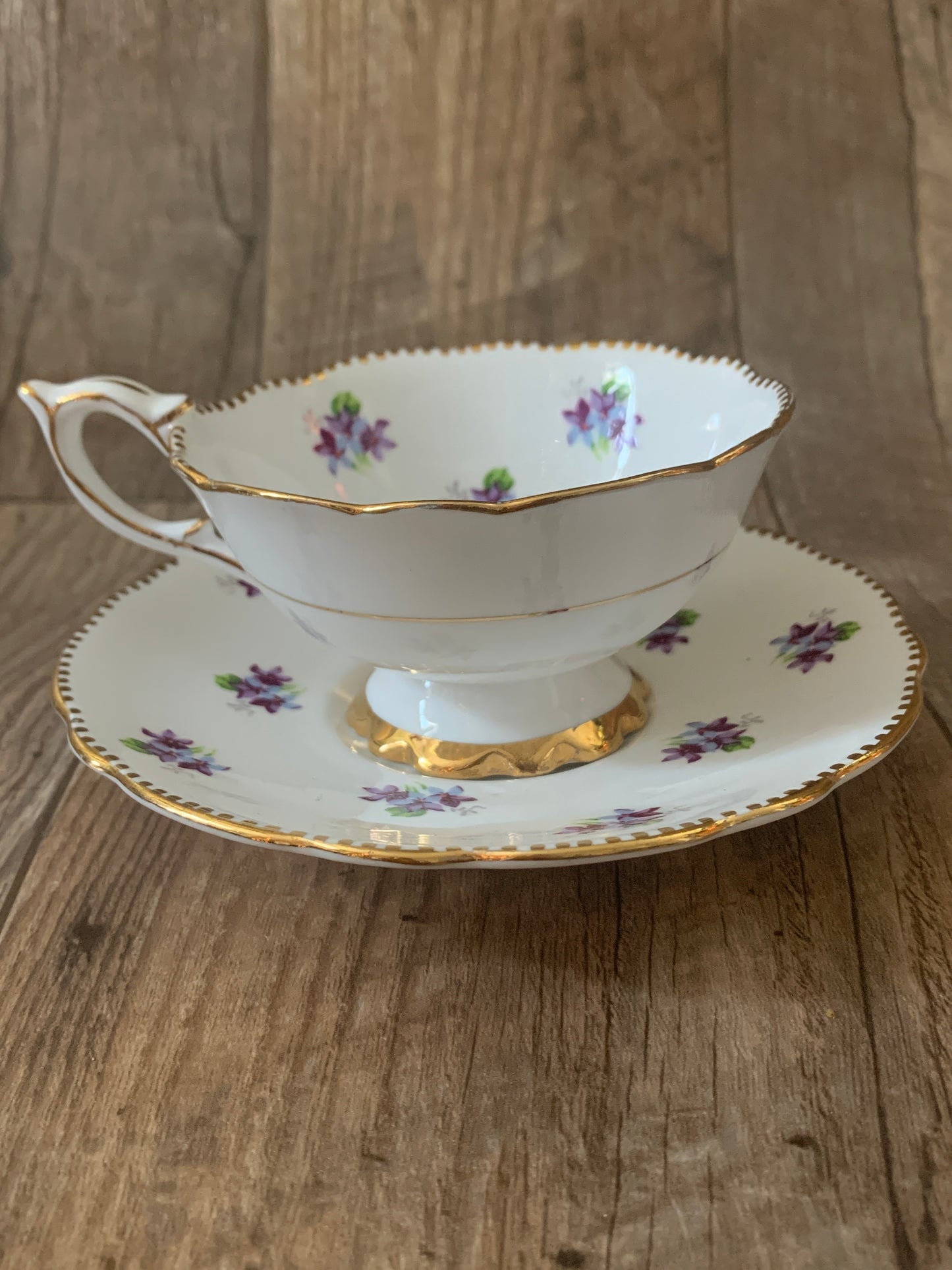 Vintage Teacup and Saucer with Purple Violets Wide Mouth Tea Cup and Saucer Set Mothers Day Gifts