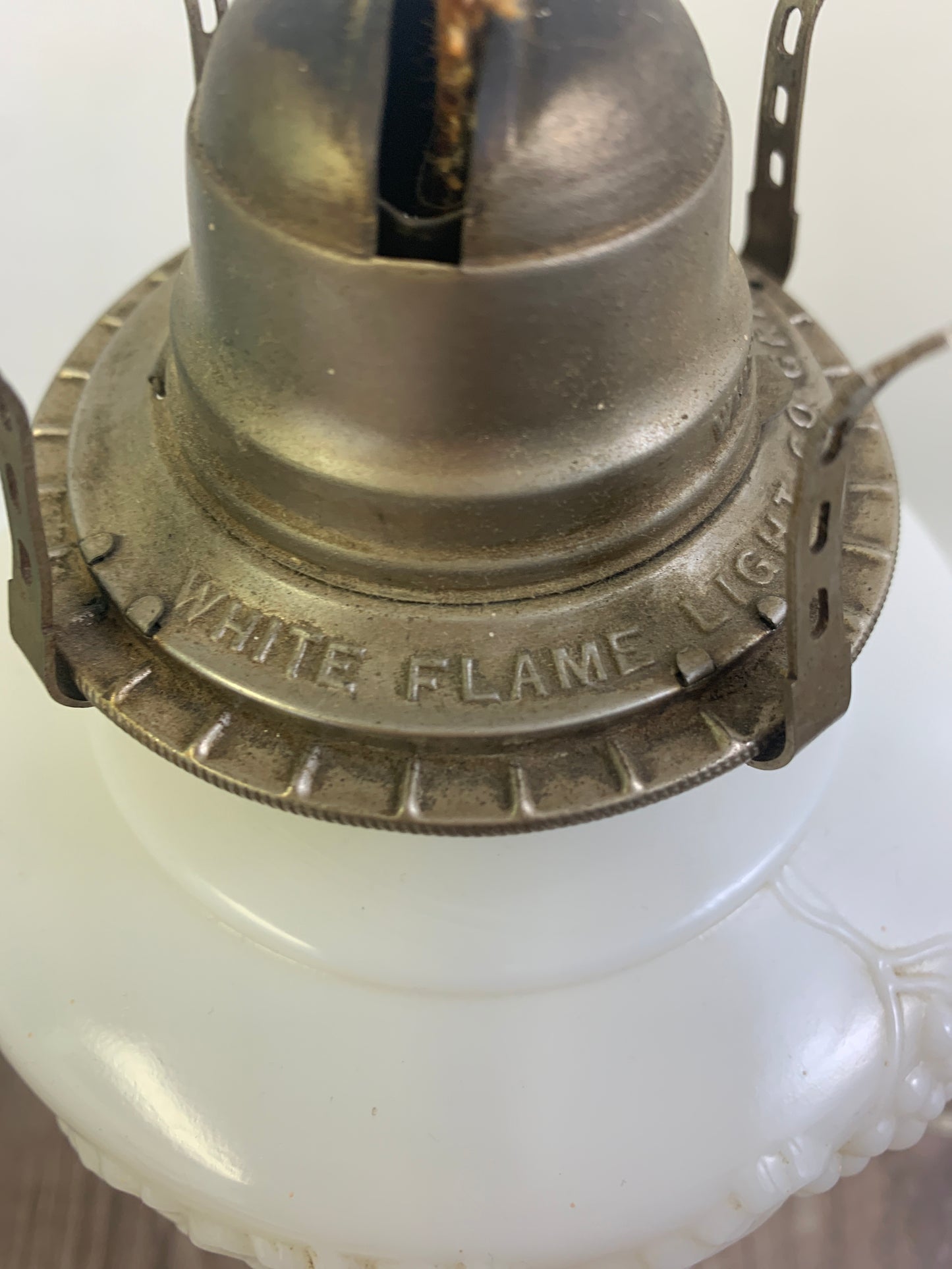 Milk Glass Pedestal Oil Lamp with Grapevine Pattern Early American Oil Lamp Made in USA White Flame Burner Grand Rapids Michigan