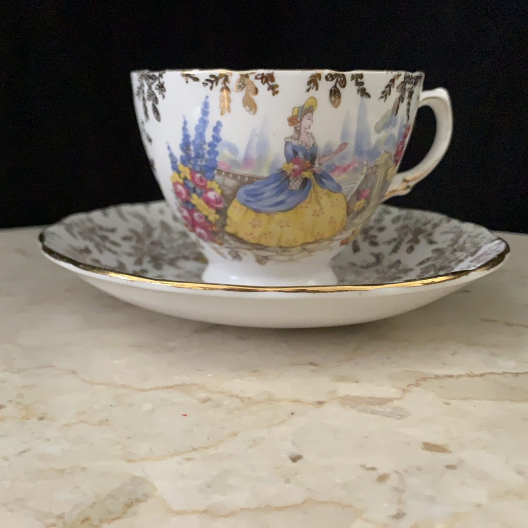 Vintage Tea Cup with Gold Floral Pattern Lady in the Garden