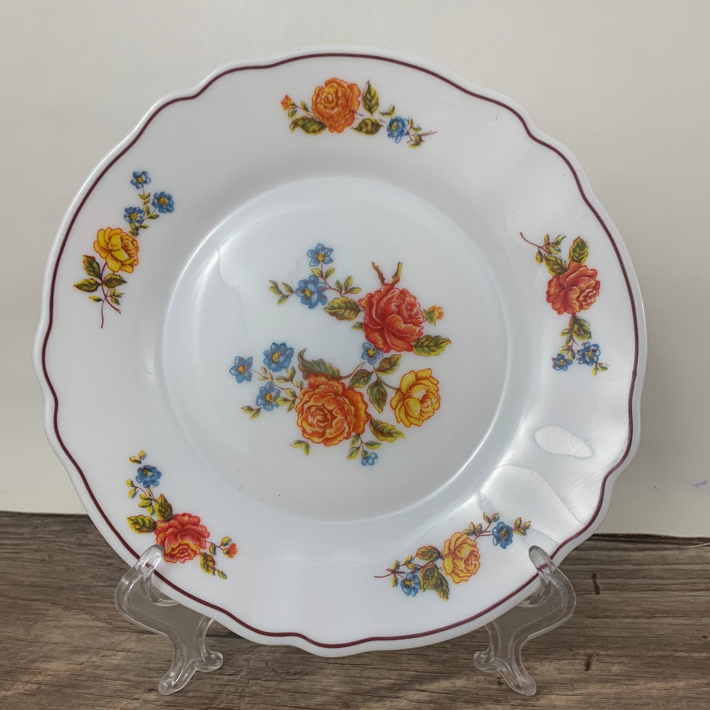 Acropal France 7.5" Salad Plate Milk Glass Plate with Orange and Blue Floral Pattern