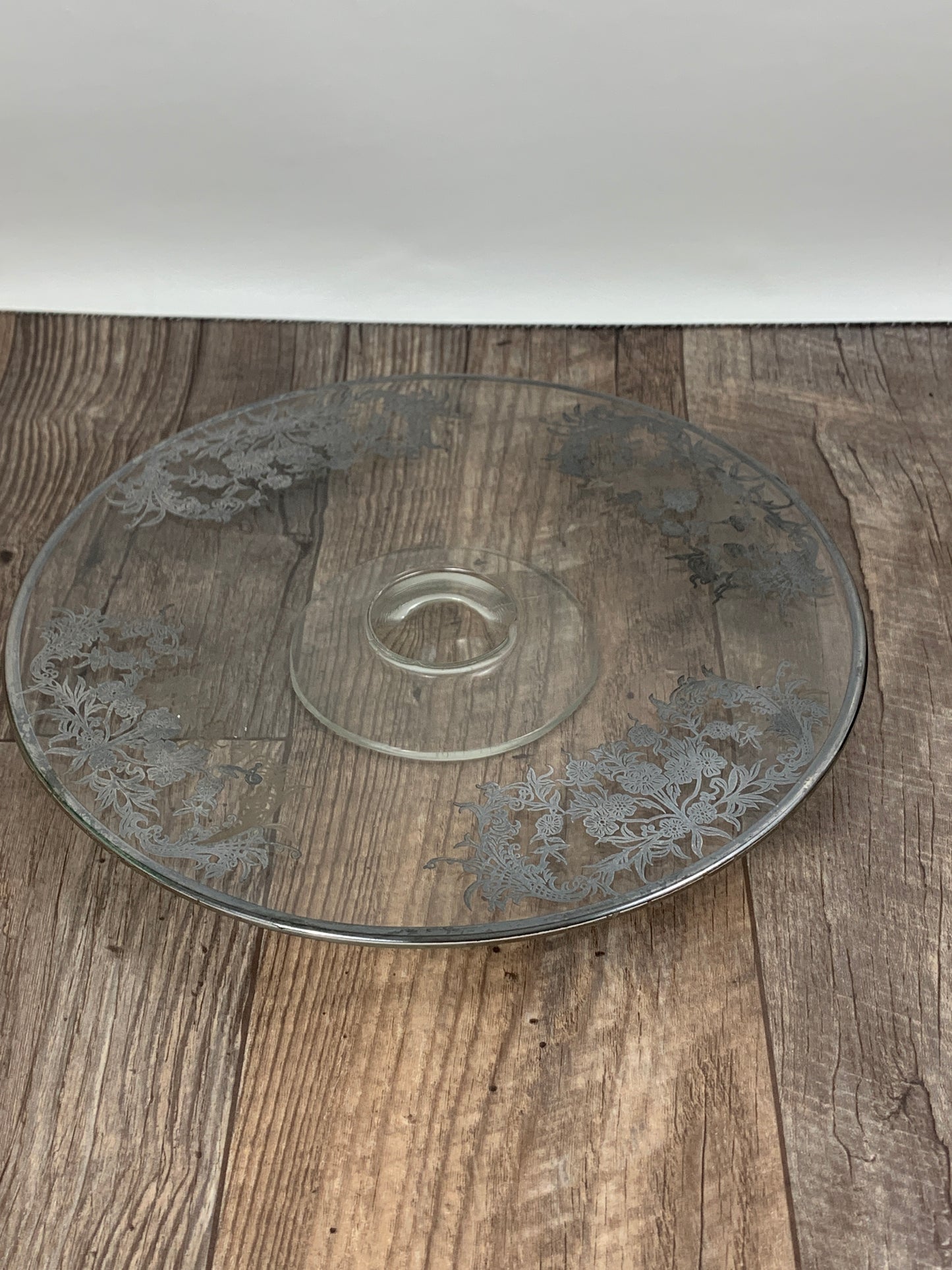 Vintage Clear Glass Cake Plate with Silver Overlay