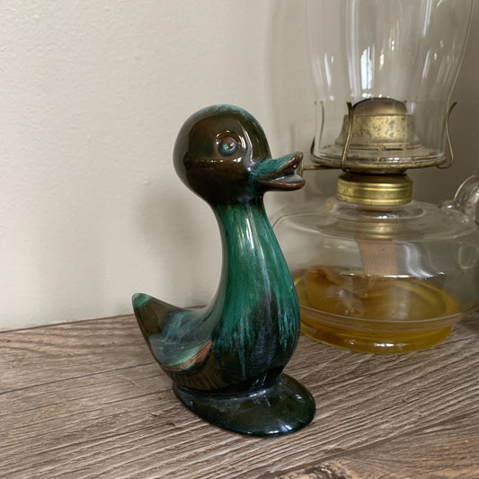 Pottery Duck Figurine with Green Drip Glaze