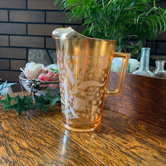 A carnival glass picture with white decorations