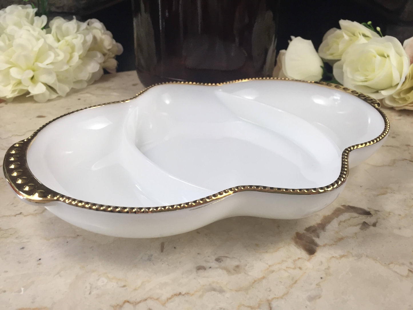Fire King Milk Glass Divided Dish-Vintage Serving Dish-White Serving Dish-White and Gold Decor-Vintage Wedding Decor