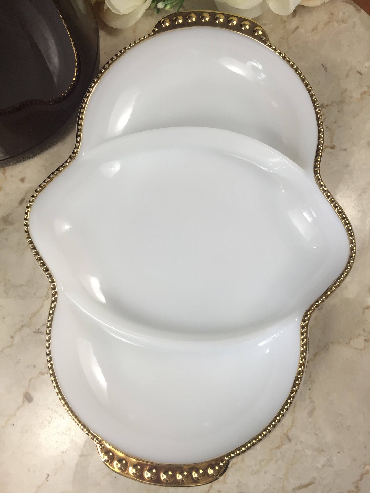 Fire King Milk Glass Divided Dish-Vintage Serving Dish-White Serving Dish-White and Gold Decor-Vintage Wedding Decor