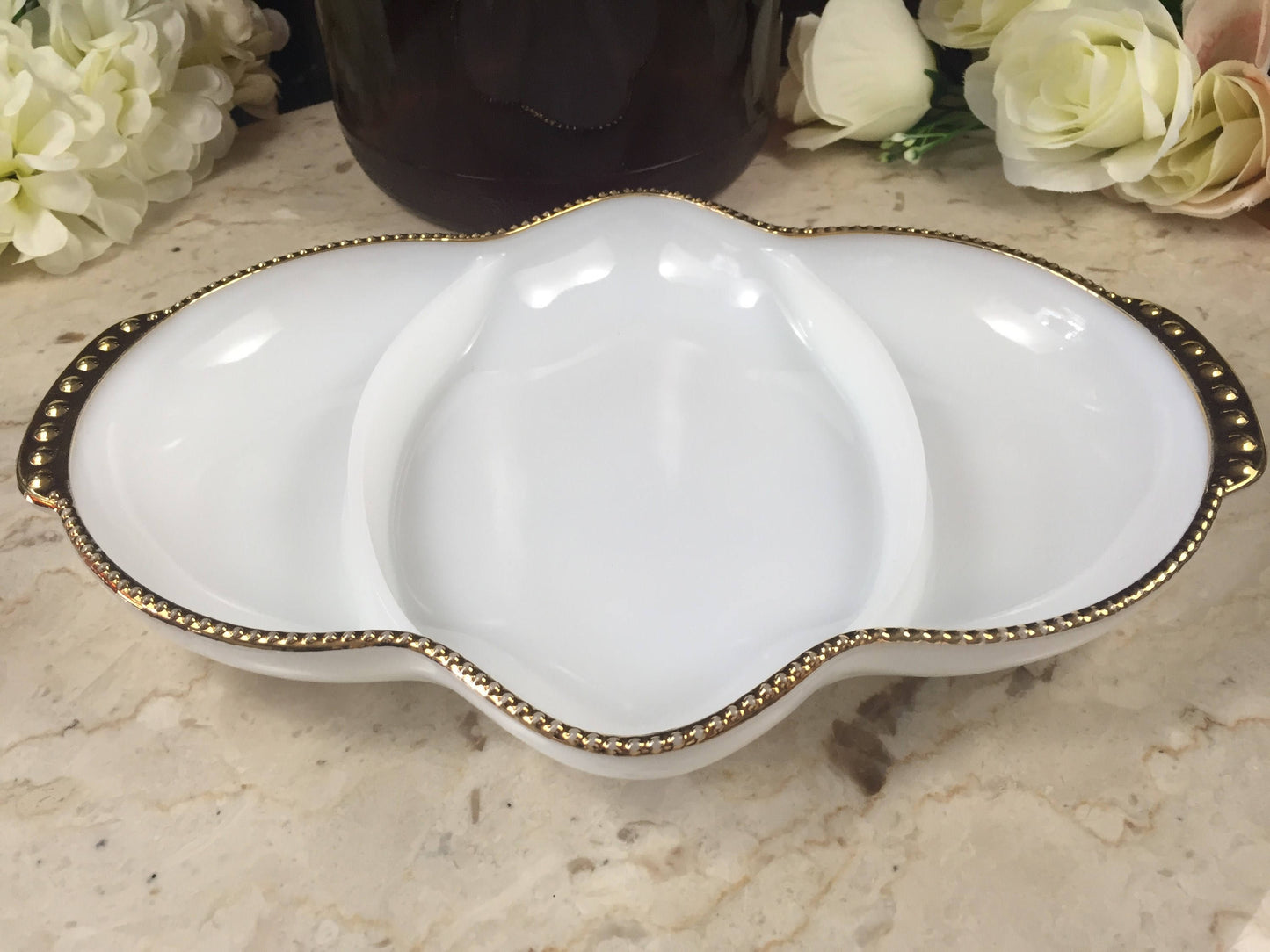 Fire King Milk Glass Divided Dish-Vintage Serving Dish-White Serving Dish-White and Gold Decor-Vintage Wedding Decor